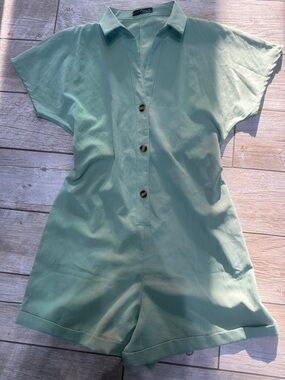 Collared Mint Green Romper with Button Front